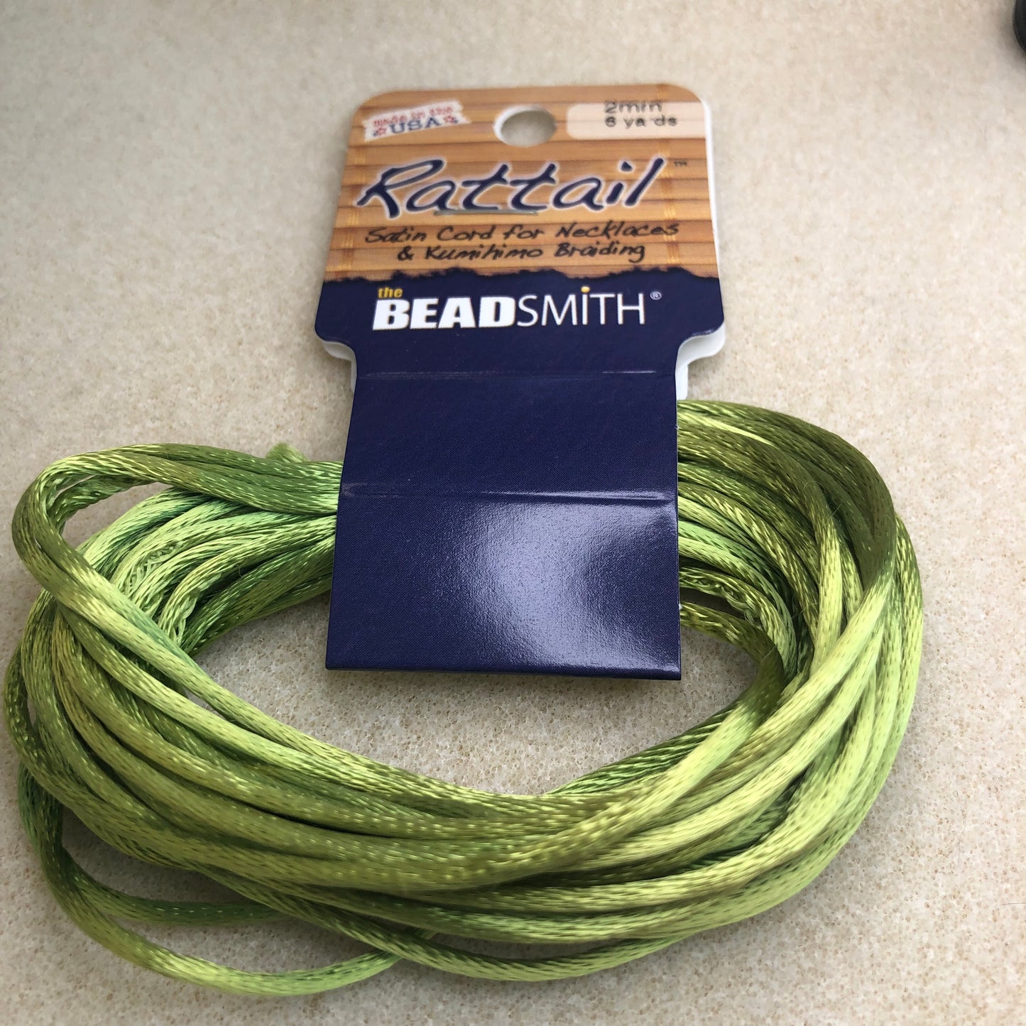 2mm Rattail - 6 yards - Apple Green