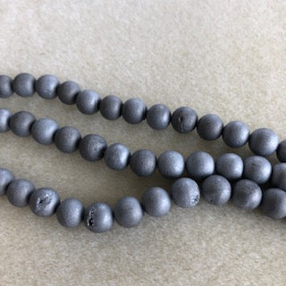 8mm Druzy Agate Metallic Silver Smooth Round